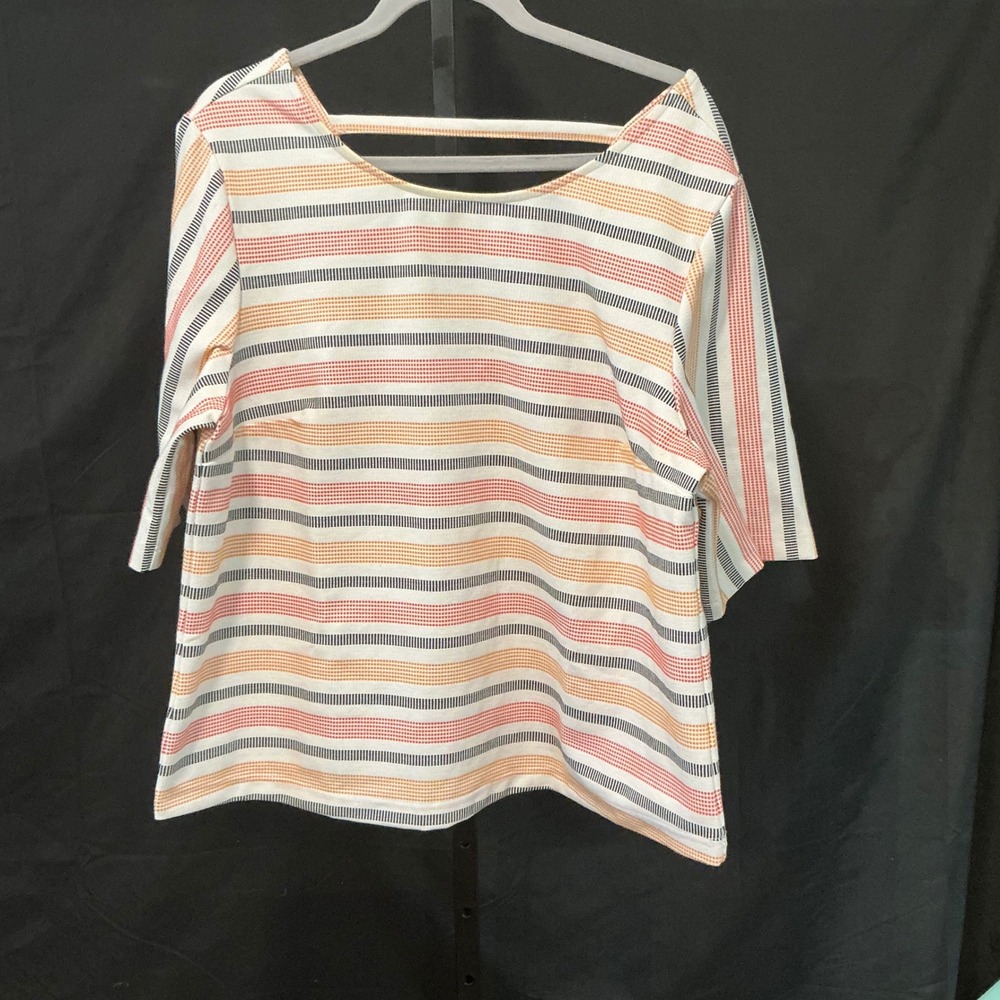 Anthro Porridge Jolene Striped Open Back Knit Top XL Elbow Sleeve Boat Neck‎